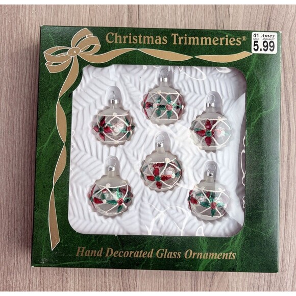 Vintage Christmas Trimmeries glass ornaments Hand Decorated Red Green Poinsettia - Picture 1 of 6